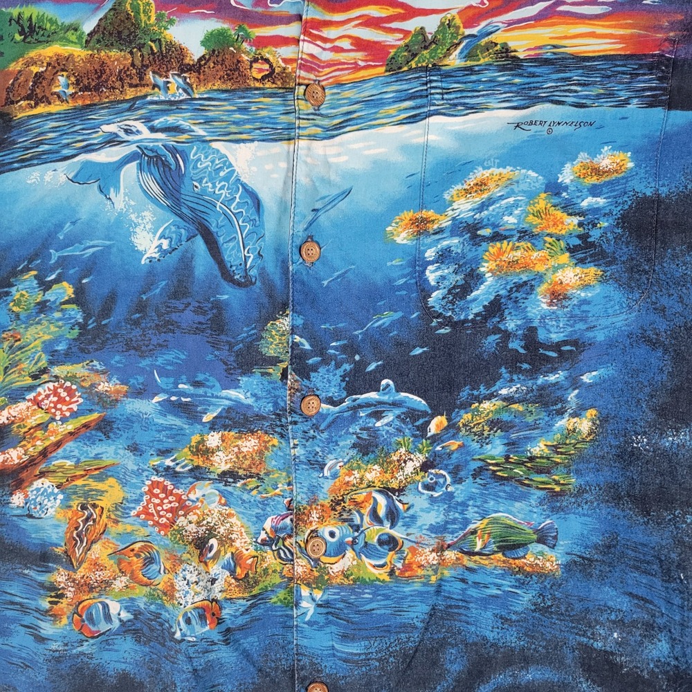 Reyn Spooner‎ Robert Lyn Nelson Shirt Mens L Blue Underwater Space Whale Reef - Picture 2 of 9